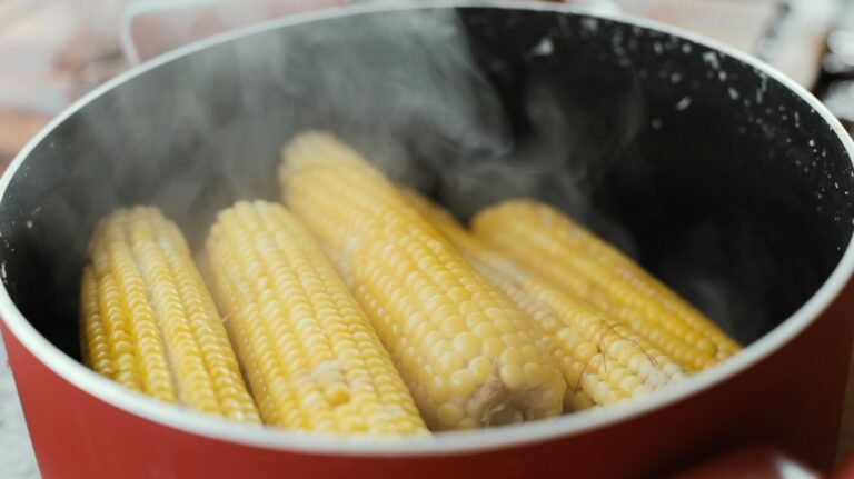Close-up of steaming corn cobs in a pot, ideal for food imagery.