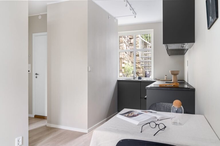 A sleek modern kitchen with minimalistic design and natural lighting.
