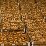 Rows of boxes filled with sweet potatoes in an indoor storage facility.
