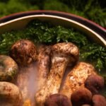 Close-up of fresh Matsutake mushrooms in a cooking pot garnished with parsley.