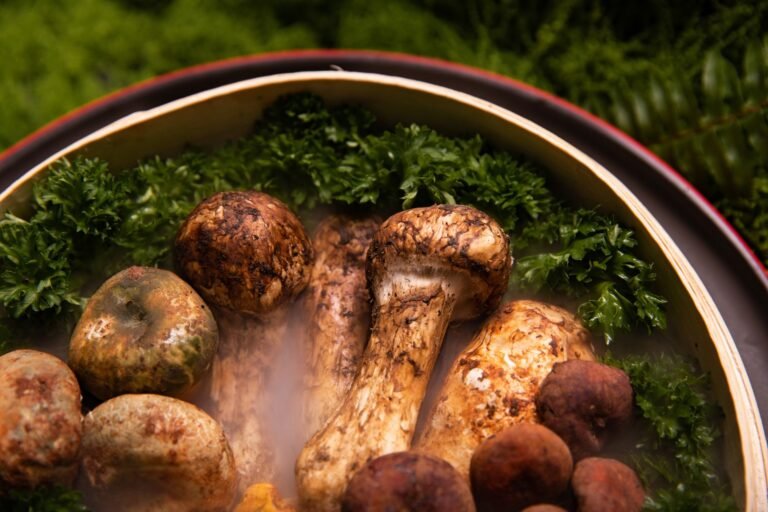 Close-up of fresh Matsutake mushrooms in a cooking pot garnished with parsley.
