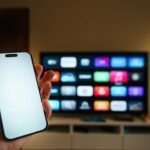 A smartphone in focus with a smart TV displaying apps in a cozy living room.