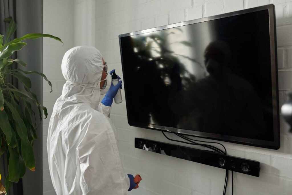 A person wearing PPE disinfecting a TV screen inside a room during the COVID-19 pandemic.