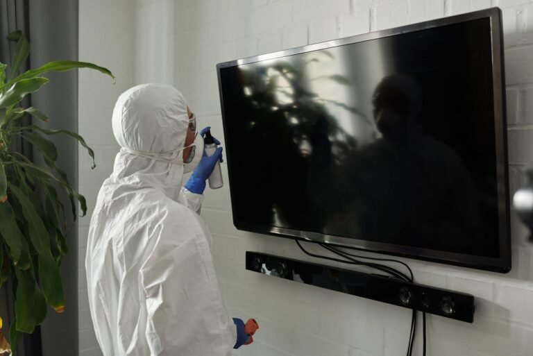 A person wearing PPE disinfecting a TV screen inside a room during the COVID-19 pandemic.