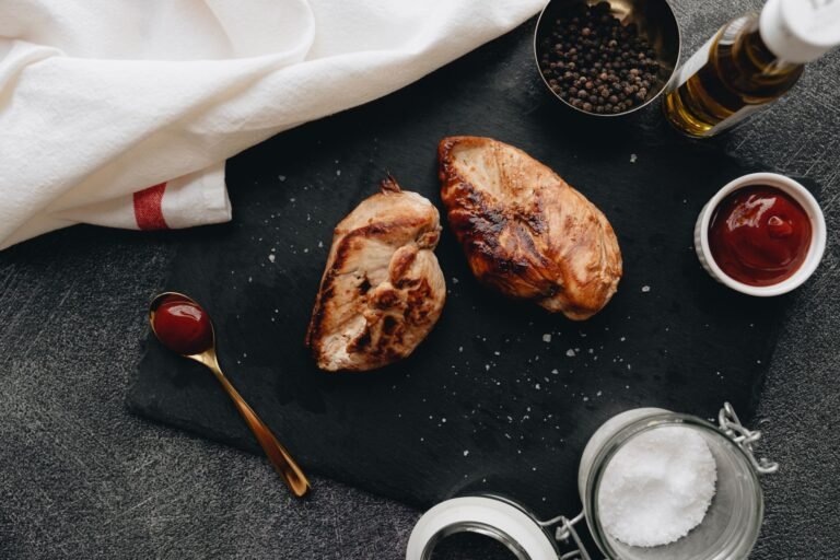 Delicious grilled chicken breasts served with spices, oil, and sauces on a slate plate.