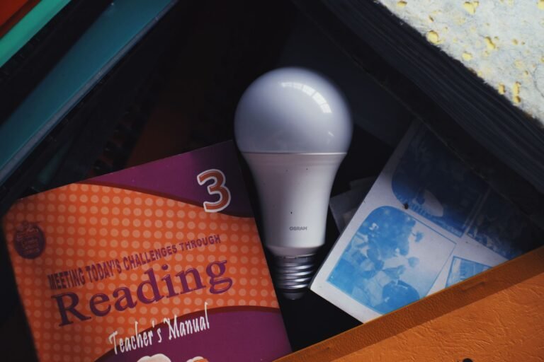 From above of light bulb placed among books in pull out drawer in daytime