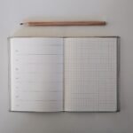 Open journal with lined and grid pages and a pencil on a white surface, top view.