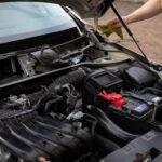 Mechanic inspecting car engine bay and battery during routine maintenance.