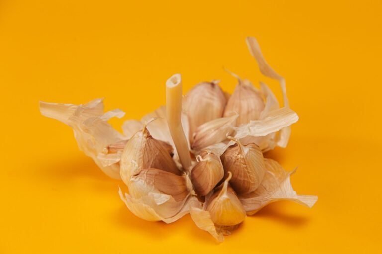 A detailed studio shot of a garlic bulb with its papery skin on a vibrant yellow background.