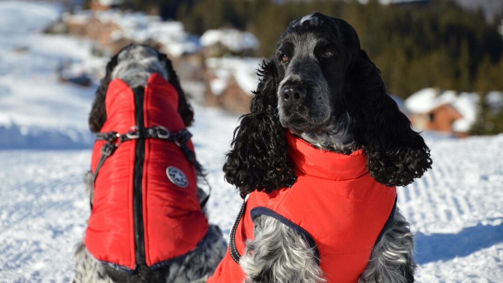 Two Cocker Spaniels wearing red vests enjoy a snowy outdoor setting.