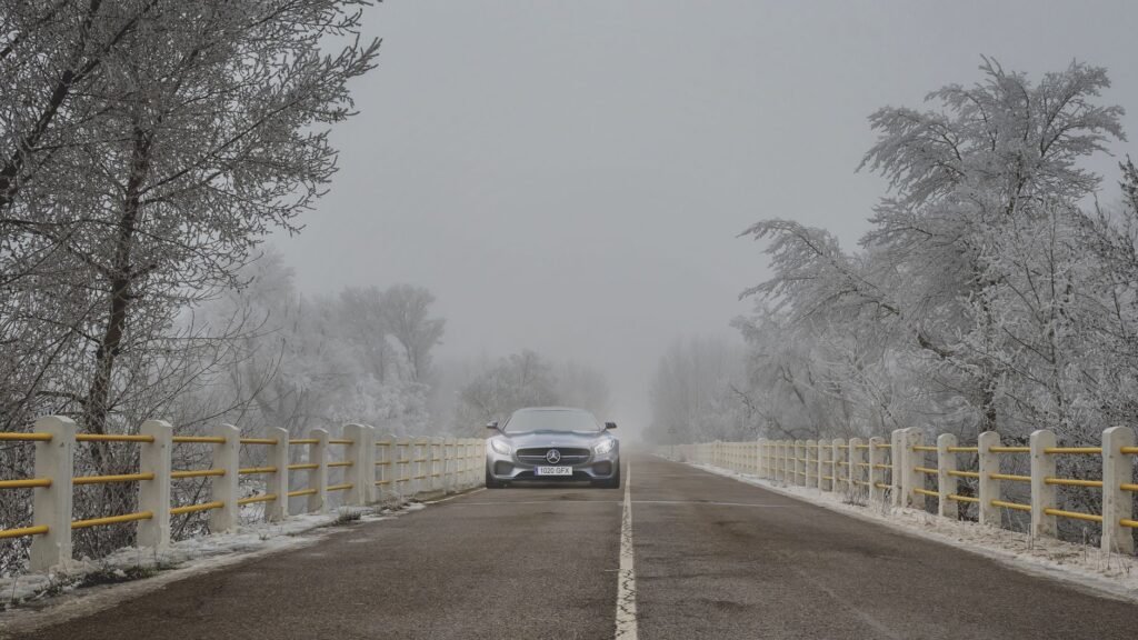 A Mercedes car drives on a foggy, tree-lined road during winter, creating a serene scene.
