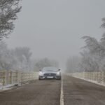 A Mercedes car drives on a foggy, tree-lined road during winter, creating a serene scene.