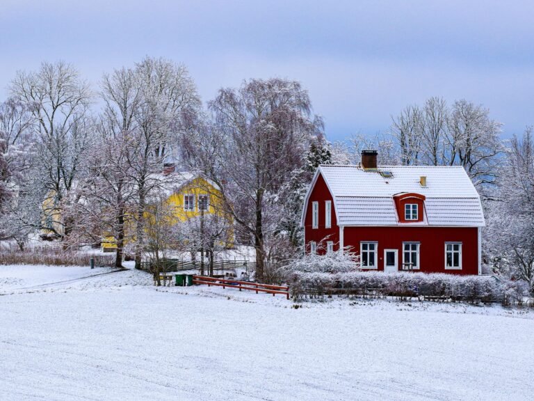 Scenic winter view of colorful houses surrounded by snow and trees, capturing calm and serenity.