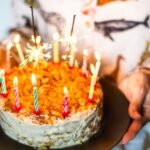 Colorful birthday cake with candles and sparklers, perfect for celebrations.