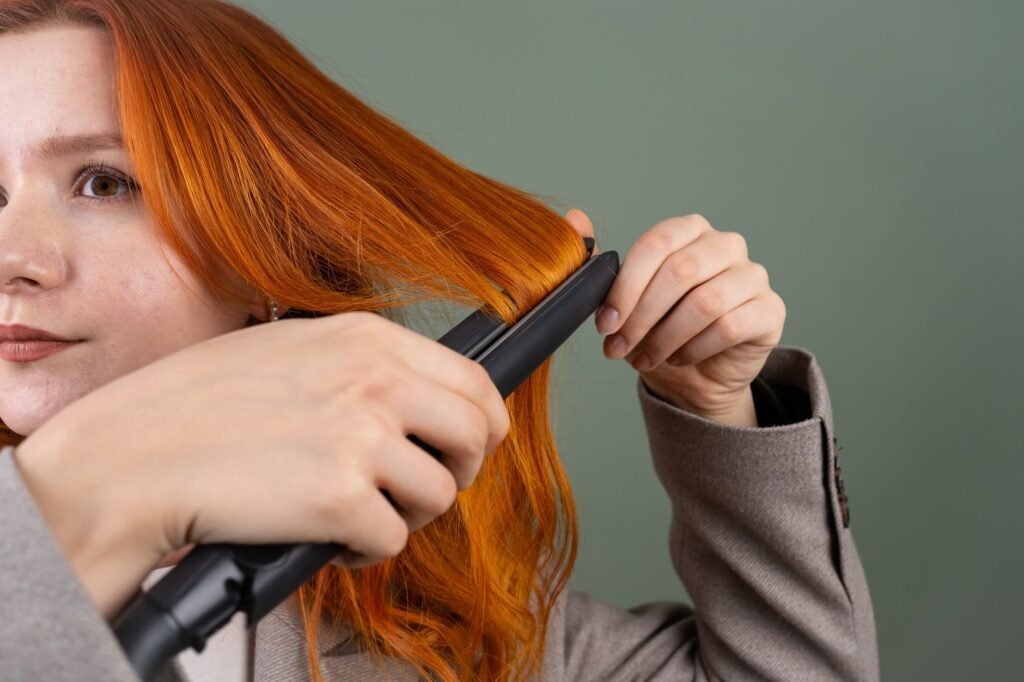 Close-up of a woman styling her red hair using a hair straightener against a green background.