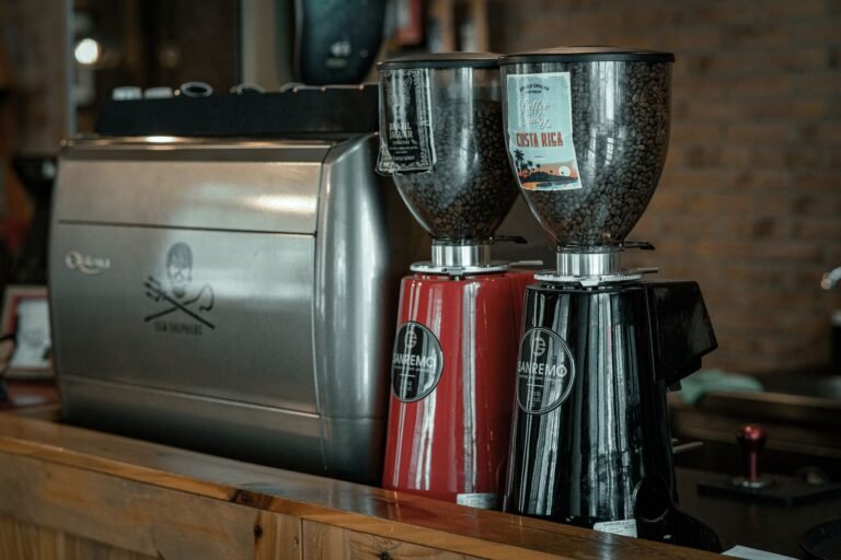 Modern coffee grinders and espresso machine on a café counter in Bursa, Türkiye.