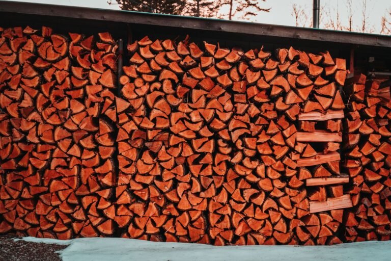A large stack of chopped firewood stored outdoors, ready for use.