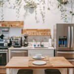 Contemporary kitchen interior featuring stainless steel appliances and hanging plants.