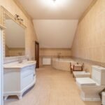 Spacious modern bathroom with contemporary design elements including a large bathtub and elegant fixtures.