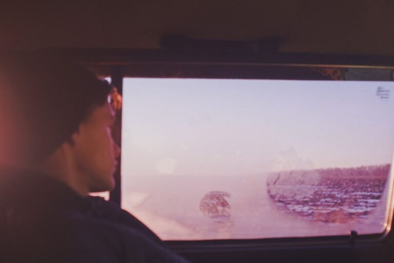A man wearing a beanie hat sits in a vehicle, gazing through a frosty window at a winter landscape.