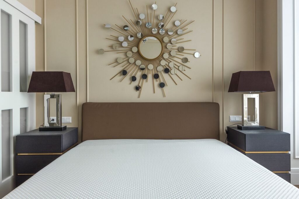 Modern bedroom featuring a minimalist design with stylish decor and furniture.